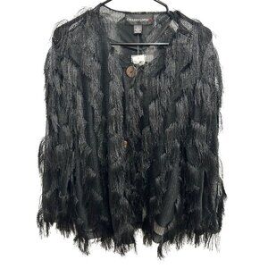 Colleen Lopez Fringe Shaggy Knit Cardigan Jacket Black Sz XL Button Front Layers